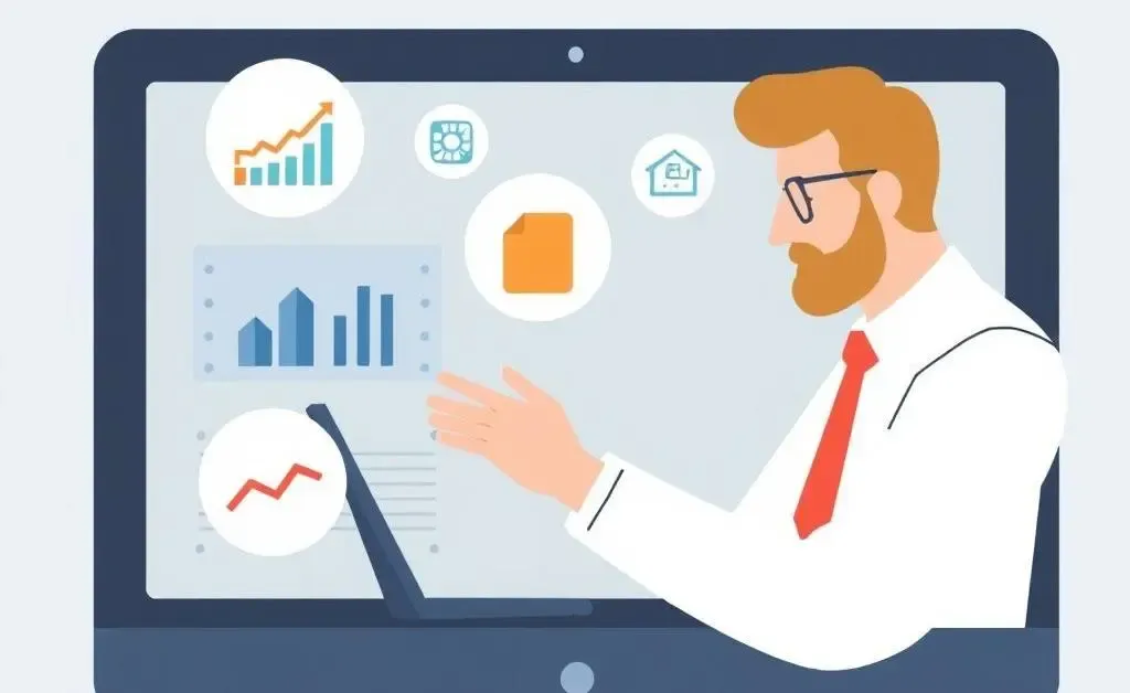 Illustration of an agent using online tools with icons of graphs and charts on a computer screen.