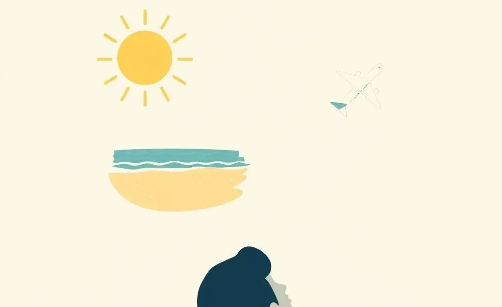 A person dreaming of a vacation rewards with sun, beach, and airplane