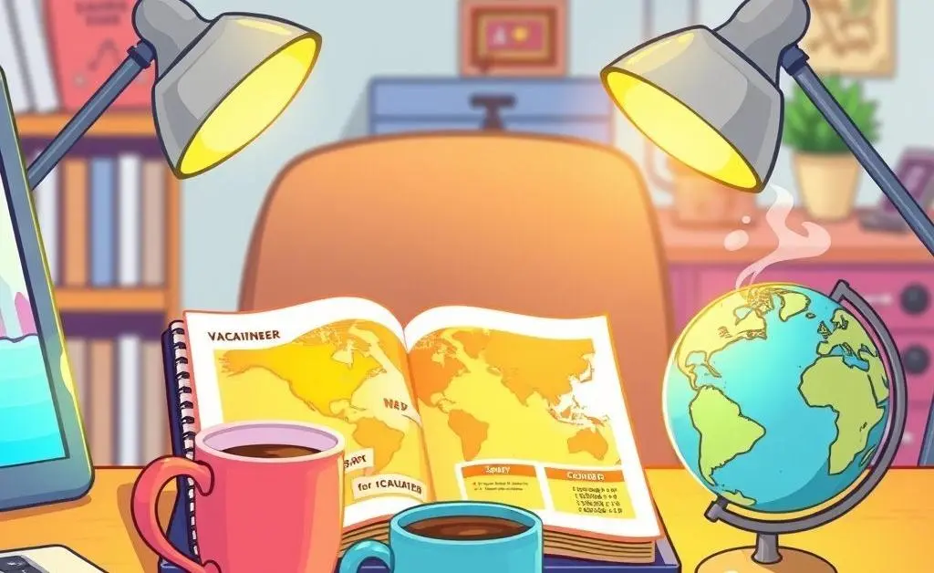 A cartoon-style image of a tidy desk with a vacation planner, a coffee mug, and a small globe.