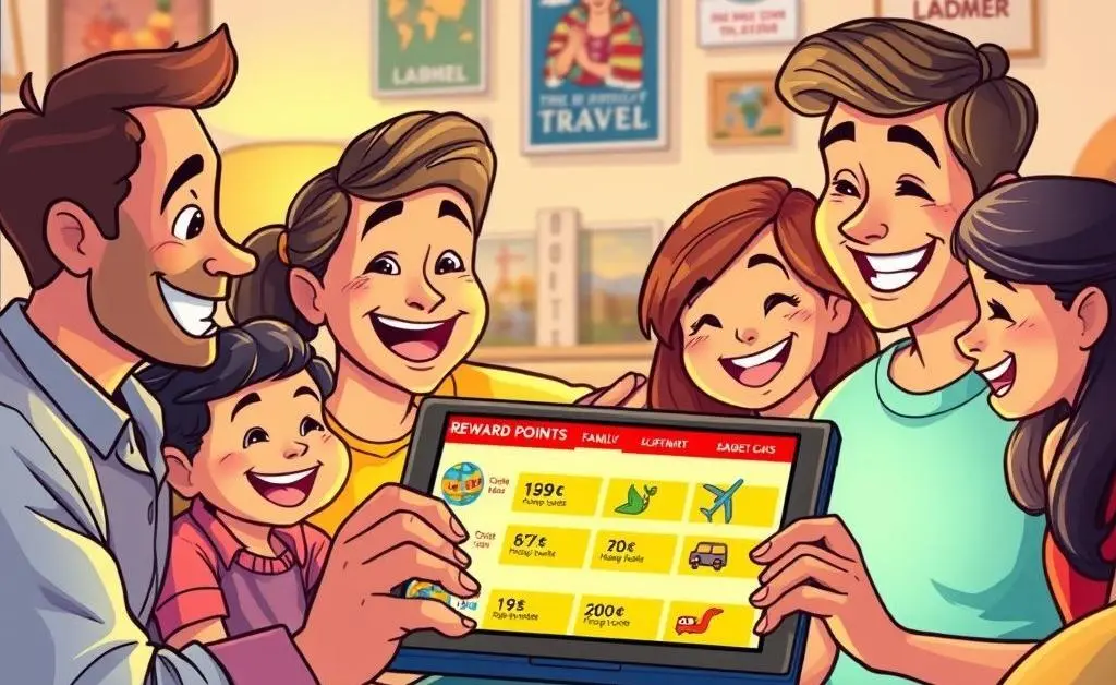 Family planning a vacation using reward points chart.