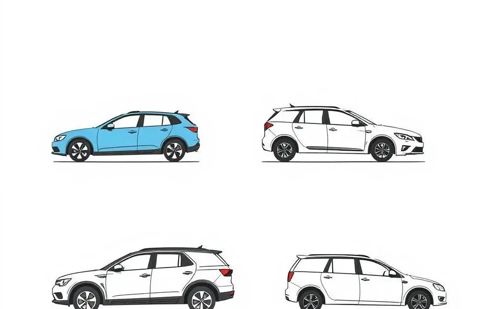 A minimalist drawing showing different types of vehicles with varying price tags.