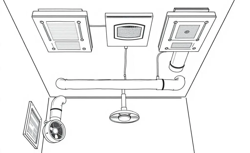 Illustrated diagram showing a bathroom ventilation system in a modern home.