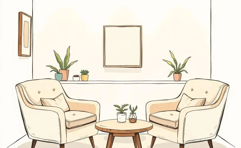 Illustration capturing a relaxed and inviting interview room with comfortable seating