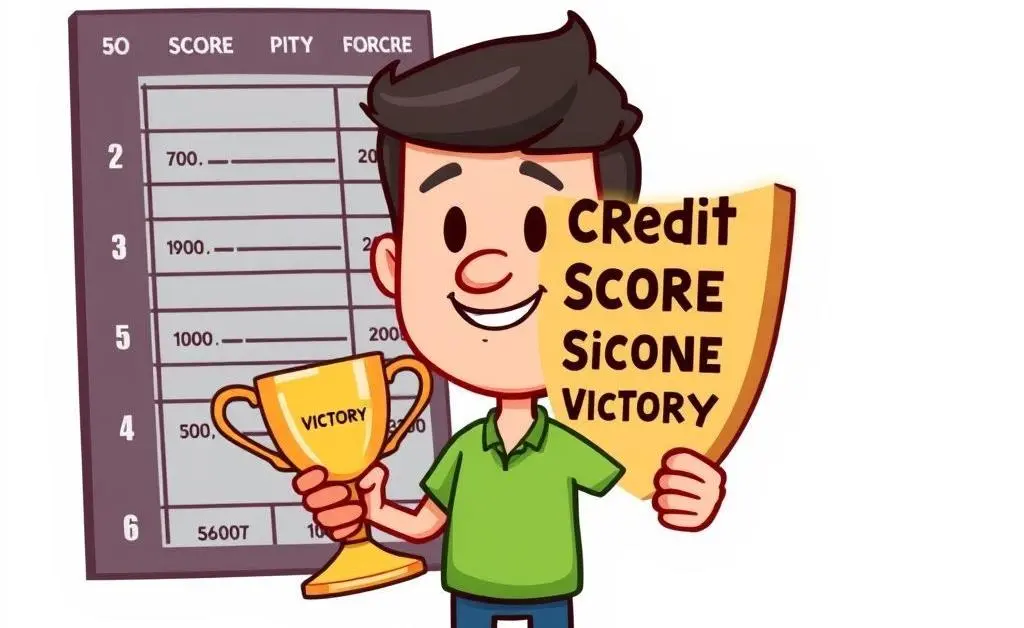 A cartoon image of a person holding a trophy with 'Credit Score Victory' engraved on it, standing beside a score chart.