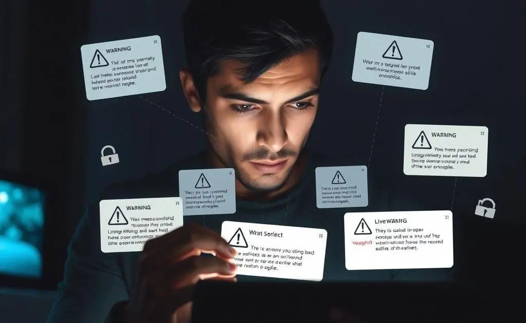 Person cautiously browsing online with pop-up alerts warning of scams
