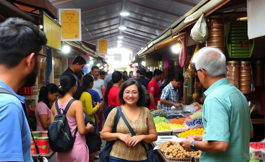 A vibrant market setup, travelers interacting with locals and browsing stalls.