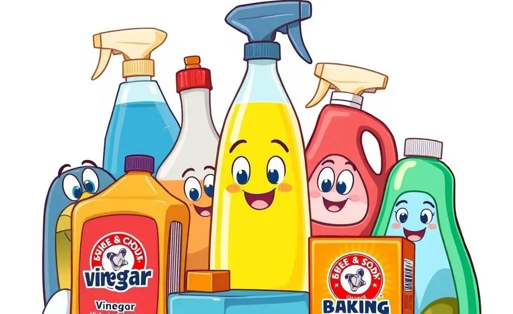 Cartoon-style image of a collection of cleaning products including bottles of vinegar and baking soda