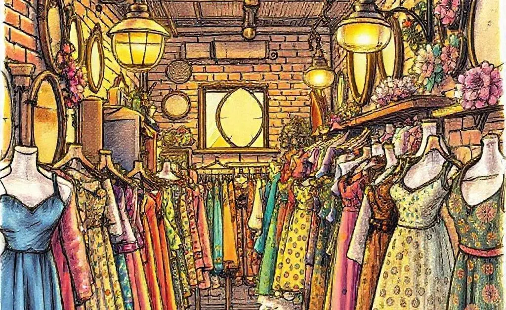 Hand-drawn aesthetic of a vibrant vintage clothing shop with unique outfits displayed.