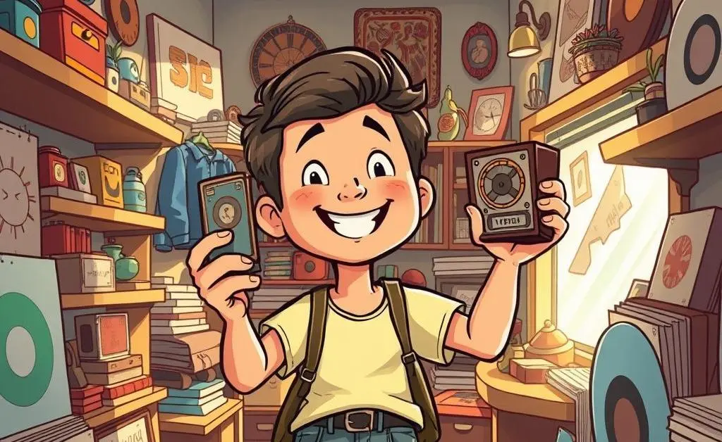 Cartoon-style image of a person shopping in a second-hand store