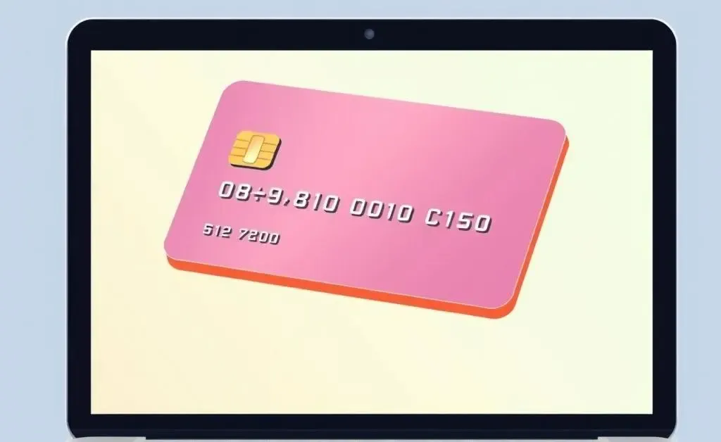 Digital illustration of a virtual credit card floating above a laptop screen.