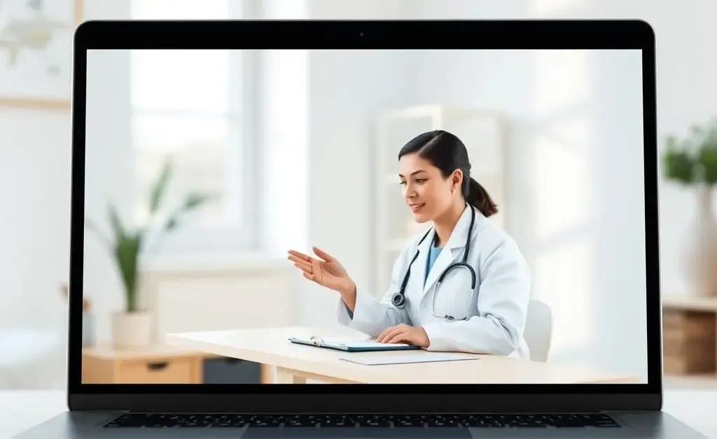 A virtual consultation with a doctor on a laptop with a peaceful background.
