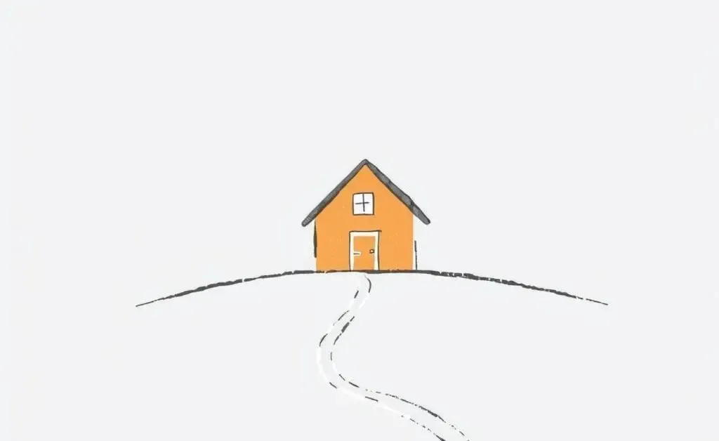 Hand-drawn path leading to a house, symbolizing the journey of buying a home using virtual tools.