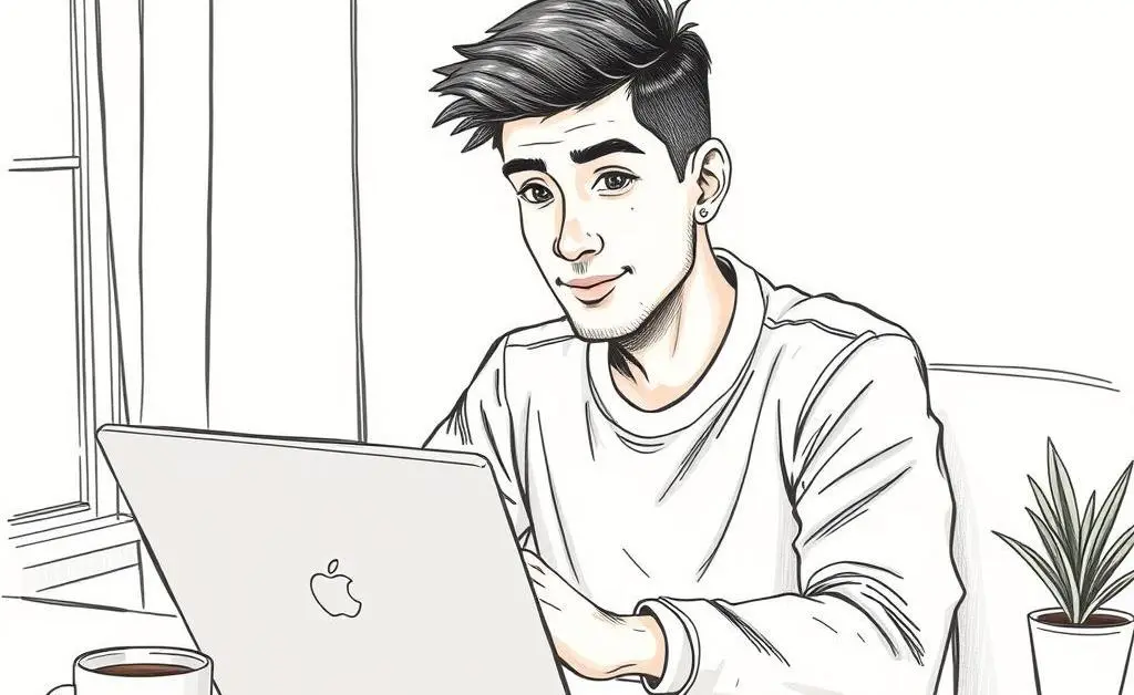 Hand-drawn style image of a person having a virtual interview using a laptop.