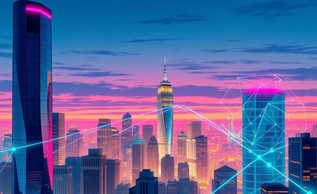 Cityscape with digital network overlay