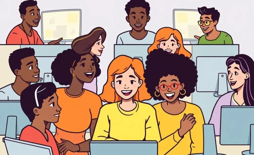 Cartoon of diverse people engaging in a virtual networking event on computers.