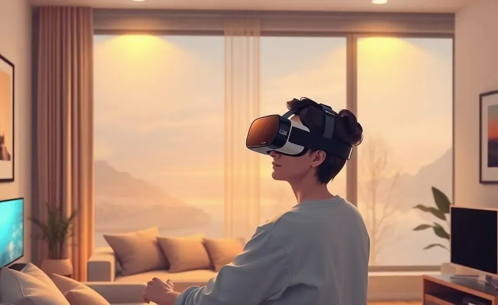 An illustration of a home interior with a person using VR goggles for a virtual tour.