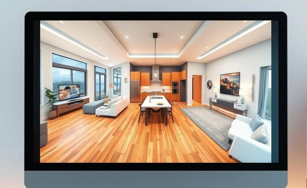 Illustration of a computer screen displaying a 3D virtual home tour