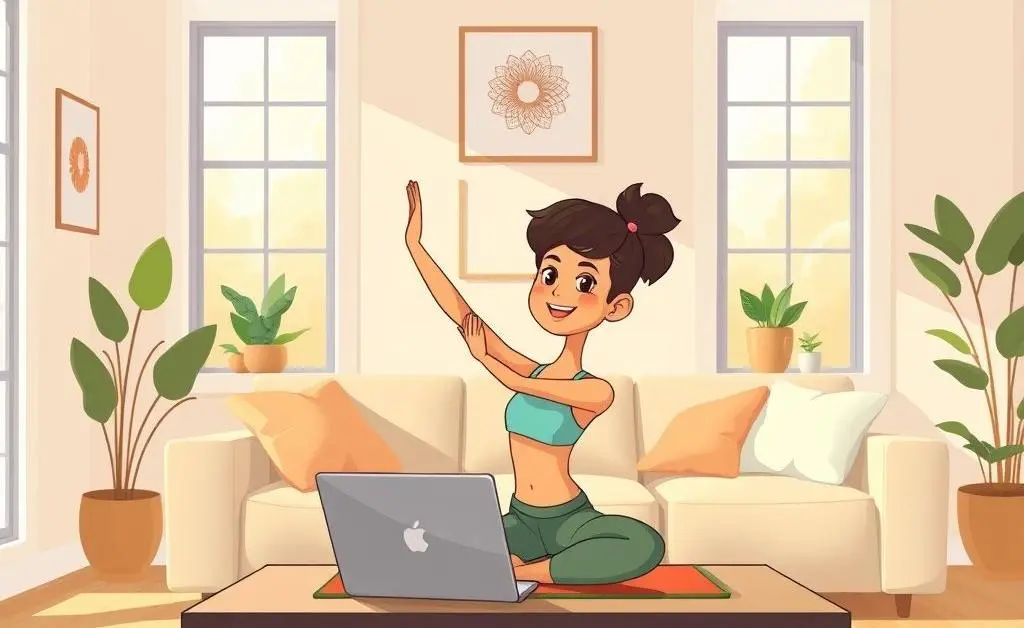A cartoon depiction of a person participating in a virtual yoga class on a laptop in their living room.