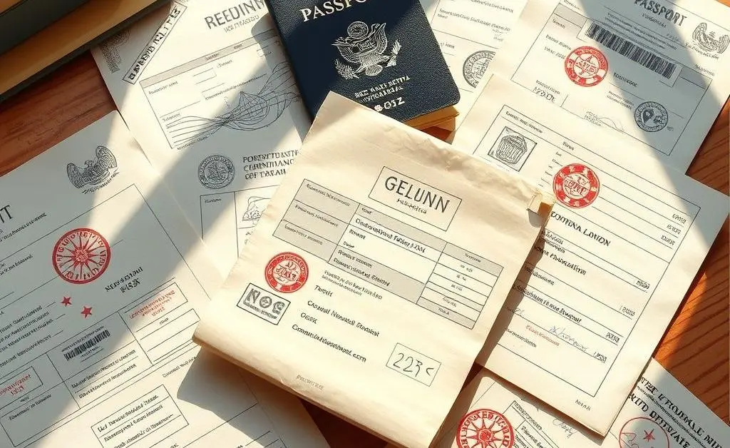 Illustrated documents like a passport and visa papers spread across a desk.
