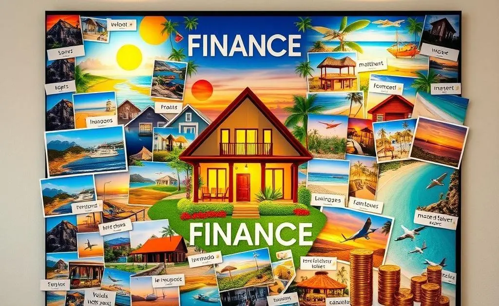 Vision board filled with pictures representing financial goals like a new home, vacation, and savings.