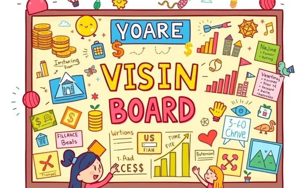 A colorful vision board showcasing various financial and personal goals.
