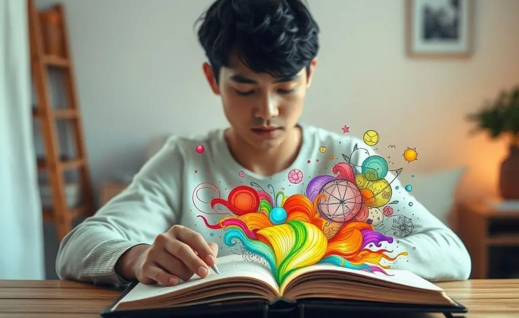 A person sitting at a desk, staring peacefully at a notebook filled with colorful drawings, representing the concept of visualizing calm and focus.