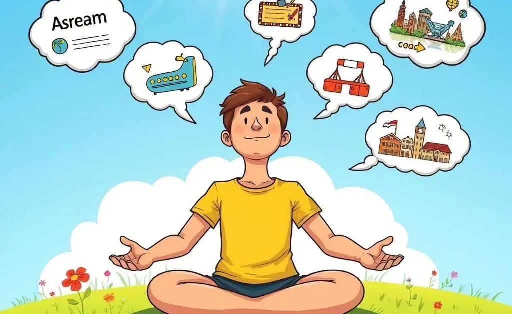 A person meditating and visualizing goals in thought bubbles