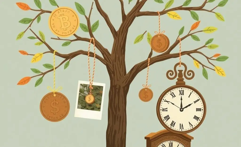 An illustration of a tree with symbols of wealth and memory.