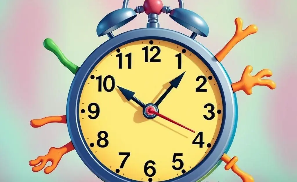 A cartoon clock with various hands, representing waiting time and urgency for filing claims