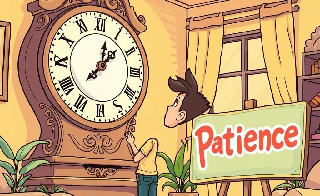 Person watching clock with patience sign