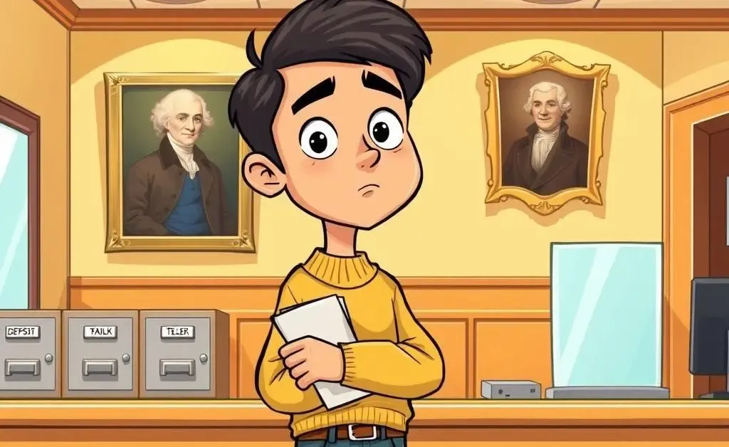 Cartoon of a person waiting at a bank counter with a thoughtful expression.
