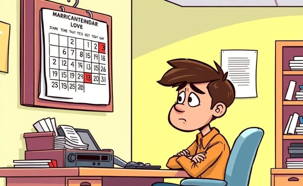 Cartoon of a person waiting patiently at a desk with a calendar marked impatiently.