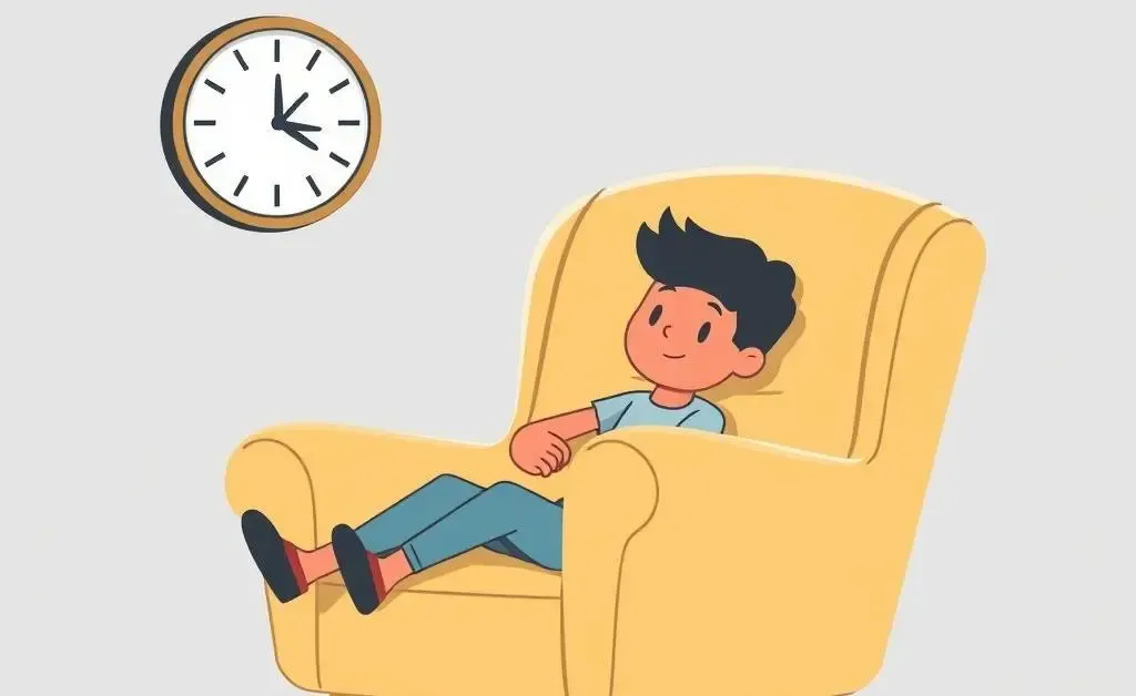 A person waiting patiently on a comfy chair, looking at the clock.