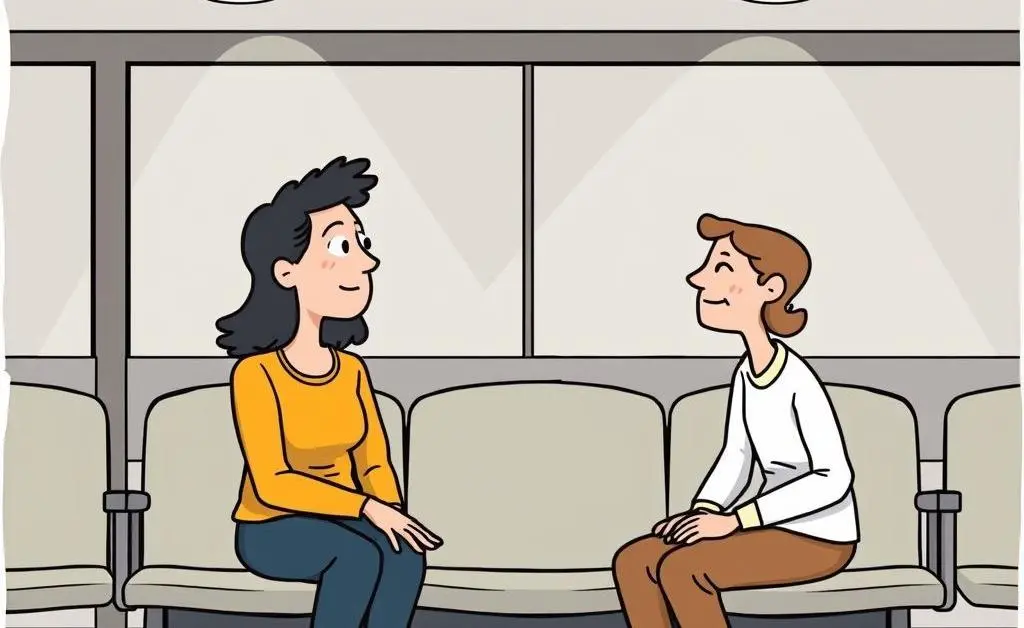 Cartoon of two people chatting in a waiting room, illustrating patience in human interaction.