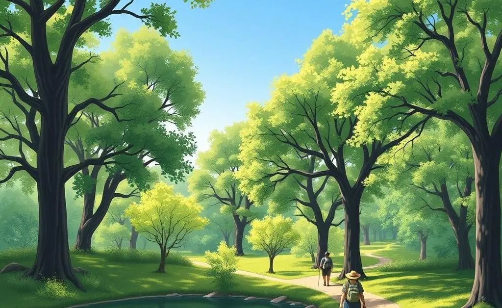 Illustration of people walking in a nature reserve with trees and a small pond.