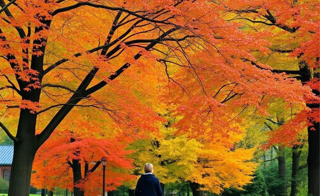 A person walking peacefully in a serene park setting.