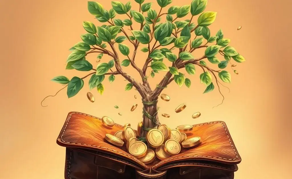 Illustration of a wallet growing a small money tree with coins falling