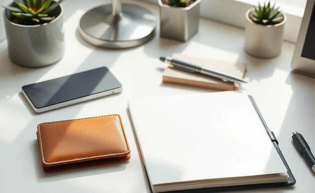 Organized wallet on a neatly arranged desk with a planner.