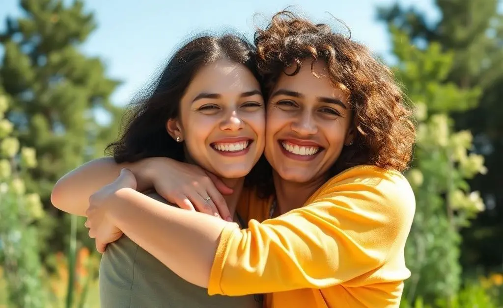 Two friends sharing a joyful hug with bright smiles.
