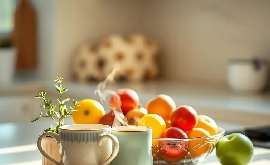 A welcoming kitchen setup with a cup of tea and fresh fruits.