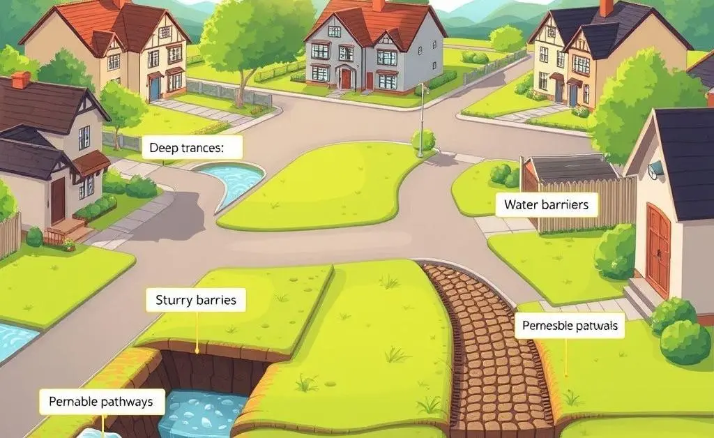 Different water drainage solutions depicted in a suburban environment.