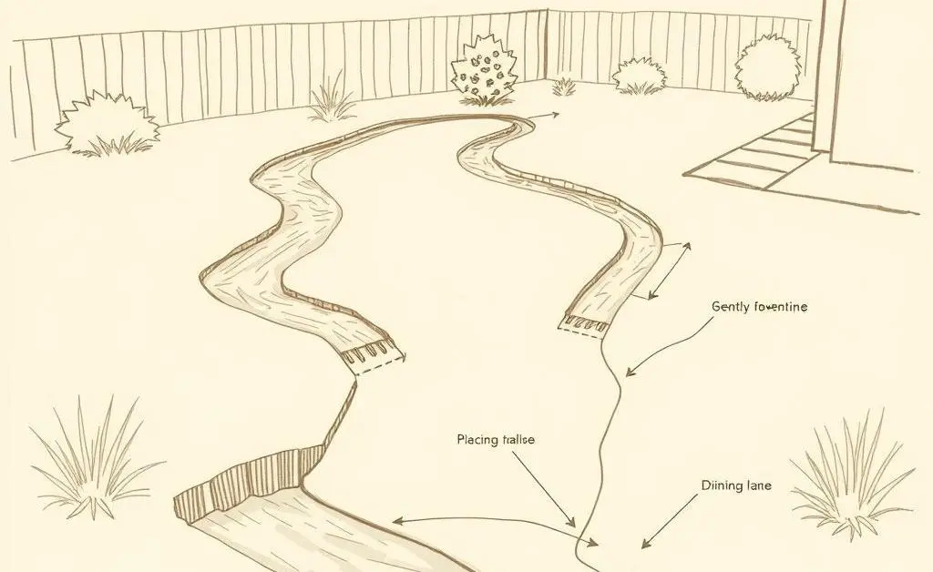 A simple hand-drawn style diagram showing water flow and drainage solutions in a backyard.