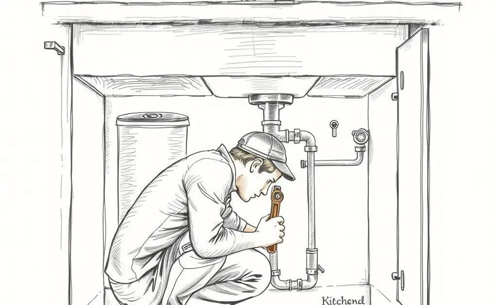 Hand-drawn illustration of a person installing a water softener under the kitchen sink