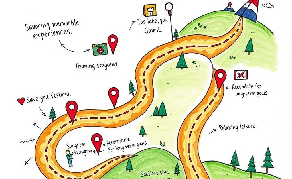 A roadmap showing wealth and happiness stops
