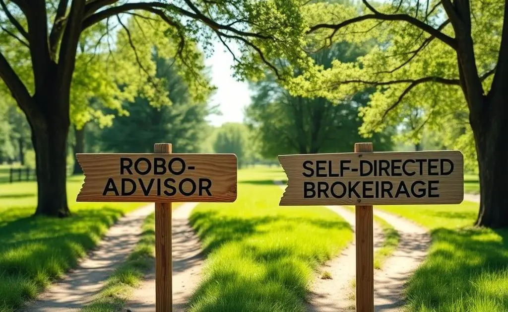 Two roads diverging with signs labeled 'Robo-Advisor' and 'Self-Directed Brokerage'