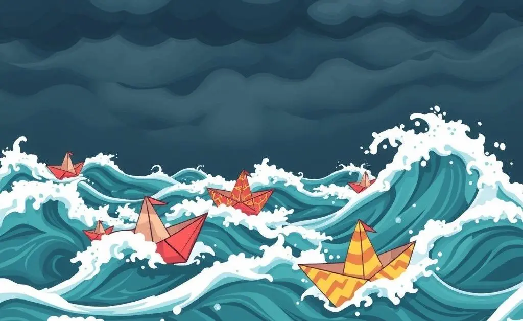 A stormy sea with paper boats representing different investment types.