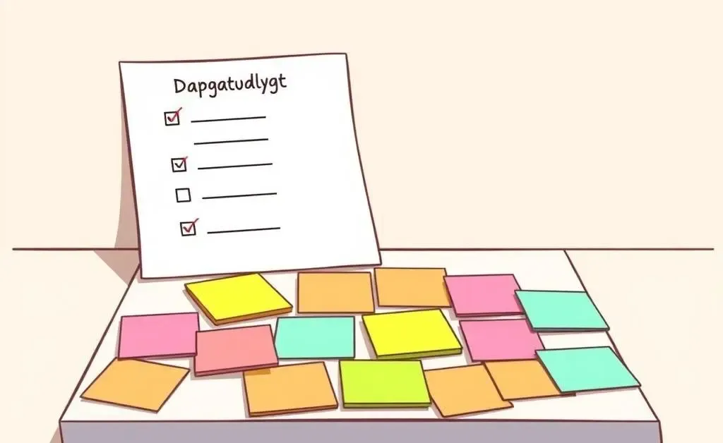 Minimalistic cartoon-style image of a wedding budget chart actively being planned with checklist and colorful post-it notes.