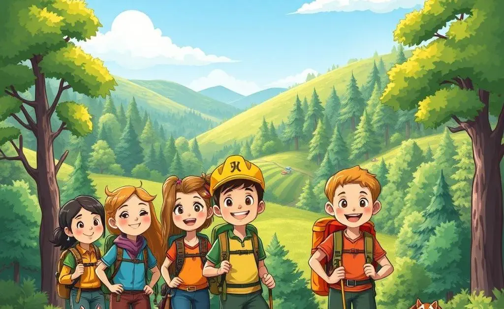 A cartoon-style image of friends on a weekend adventure in nature