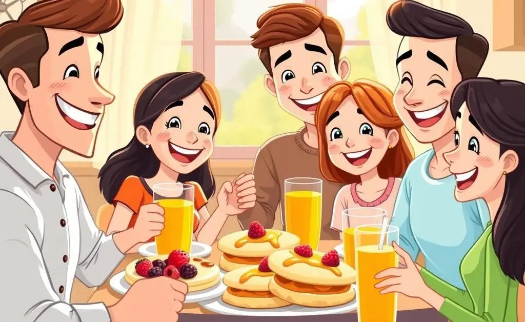 Happy family having breakfast with pancakes