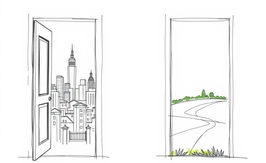 Minimalist sketch of two open doors, one leading to a vibrant cityscape and the other to a peaceful countryside.